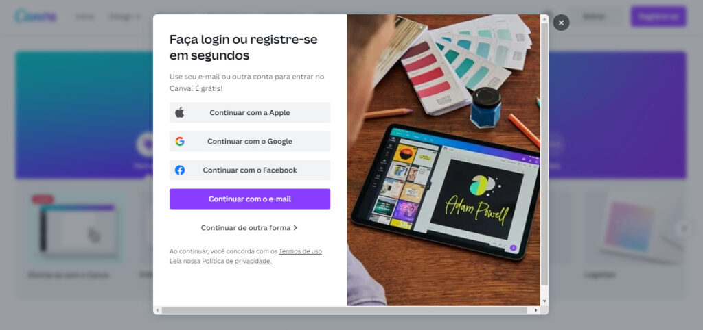 Cadastro para logo no Canva