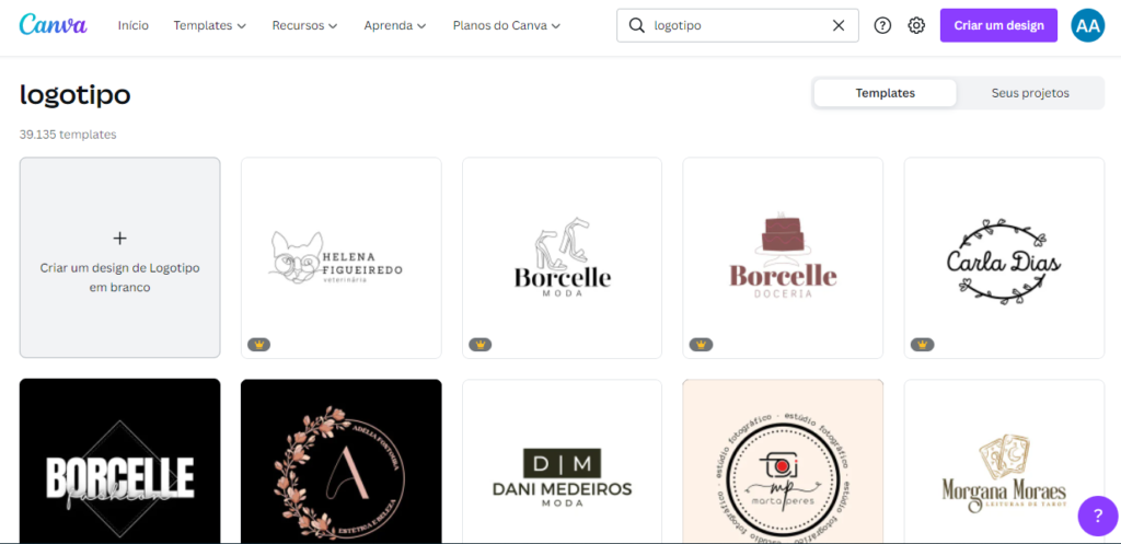 Exemplos de logo no Canva disponíveis